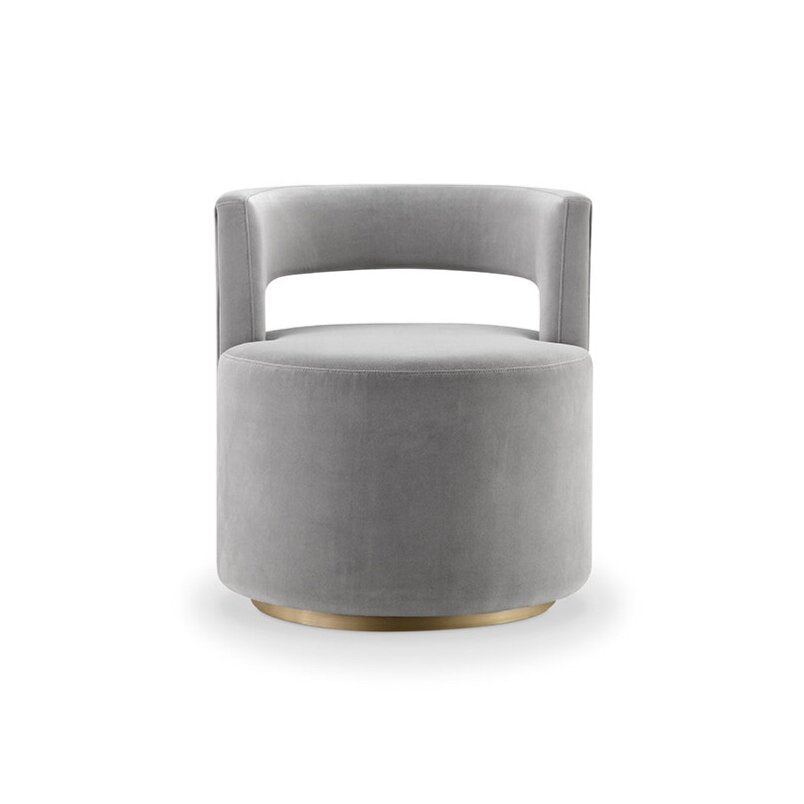 Kameo gri süet yuvarlak puf, gold metal taban ile modern oturma alanları için şık ve rahat tasarım.