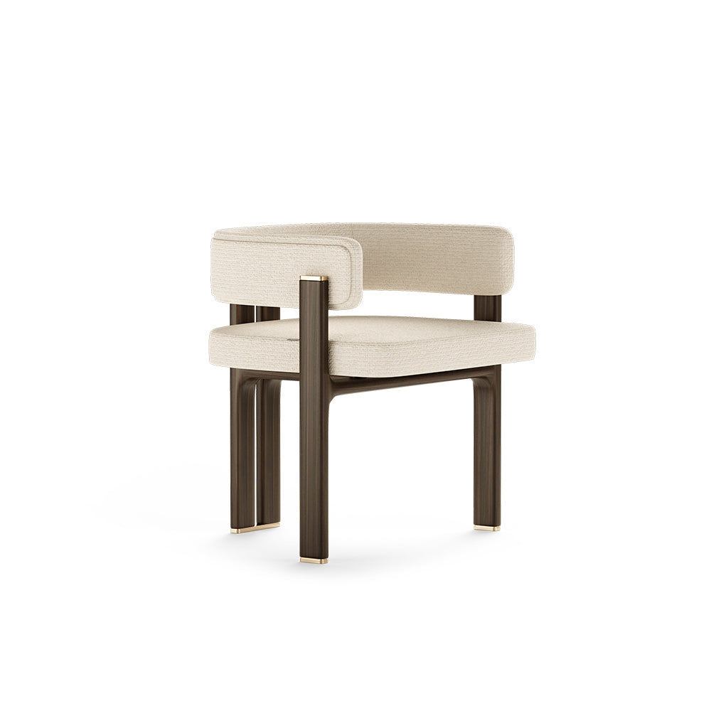 Karl Bej wood and linen upholstered armchair with walnut finish, 68cm wide, 62cm deep, 70cm high, stylish and durable.
