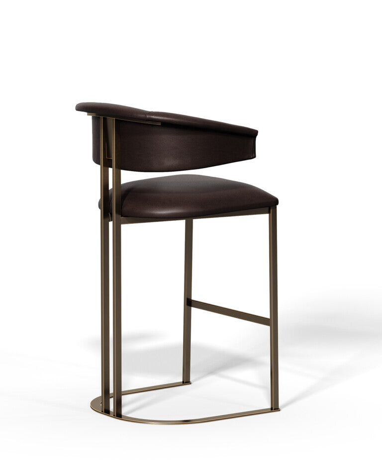 Kyo acı kahve bar sandalyesi, suni deri kol ve metal gold eskitme kaplama, modern tasarım, 65 cm oturum yüksekliği.