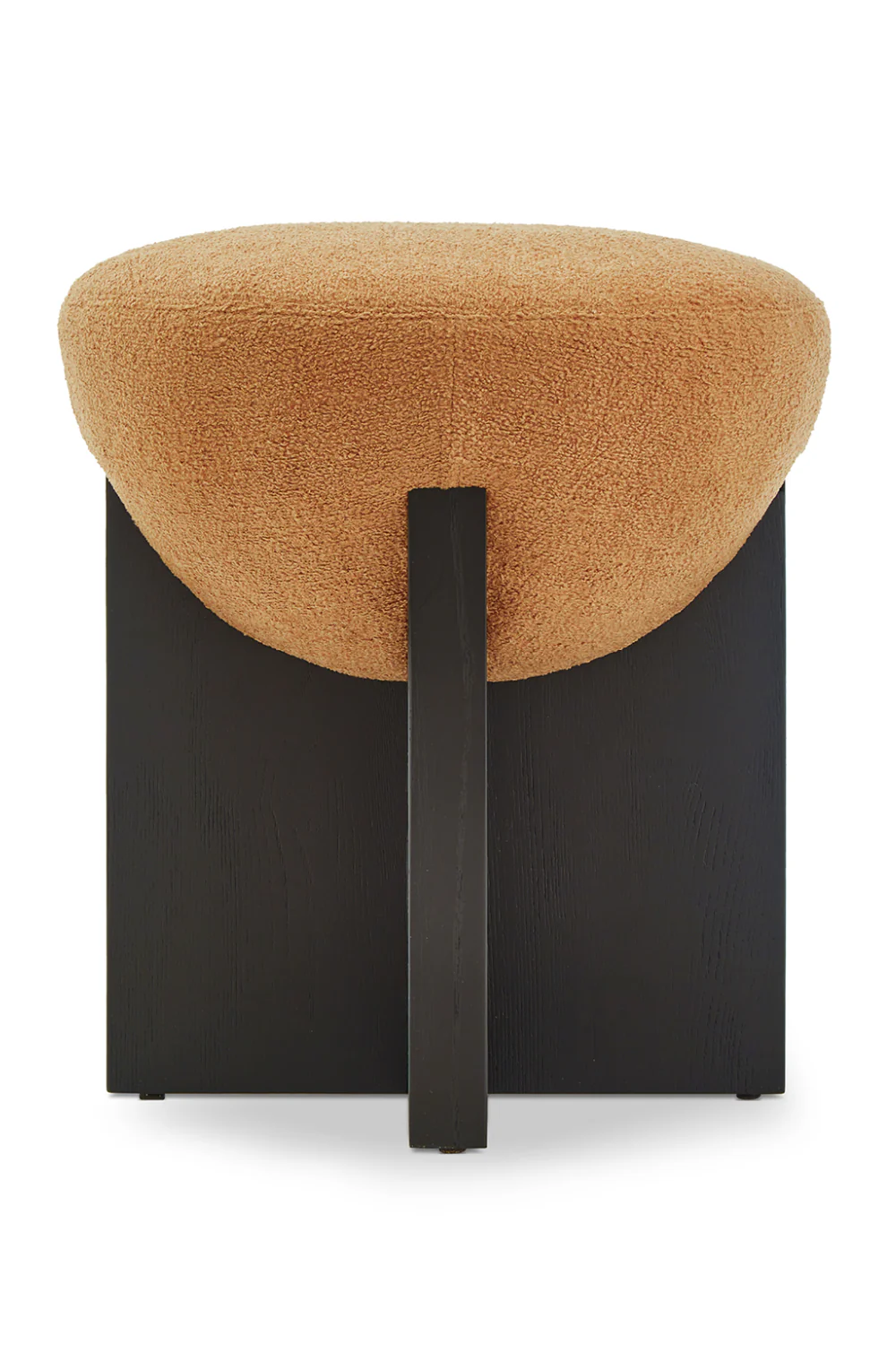 Liang turuncu teddy kumaşlı puf, siyah ahşap ayaklı, arka görünüm, 45x45x45 cm ölçülerle.
