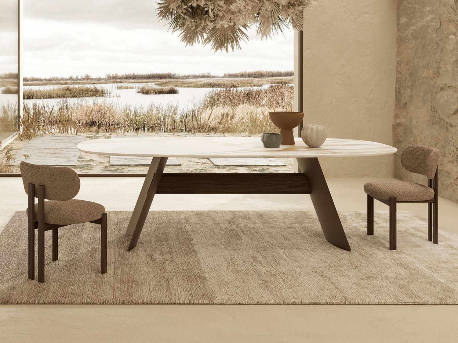 Modern living room with Maile Vizon Rengi Teddy Bukle Kumaşlı Ahşap Ceviz Rengi Lake Sandalye and elegant dining table.