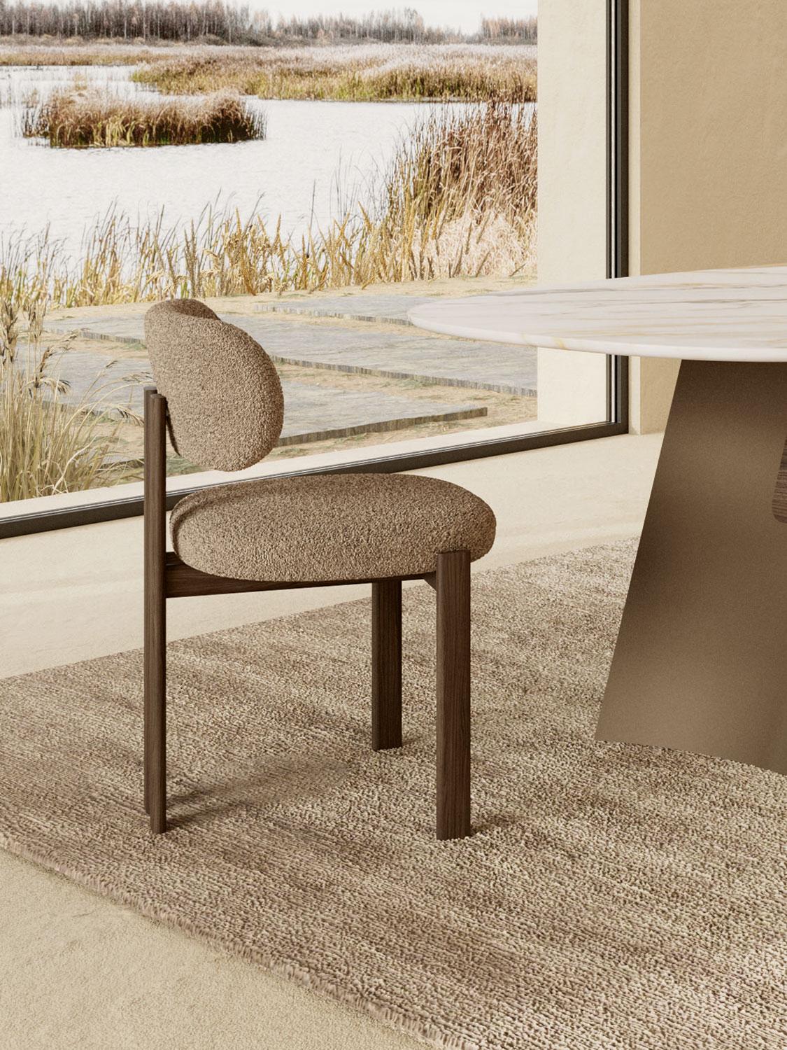 Maile Vizon Rengi Teddy Bukle Kumaşlı Ahşap Ceviz Rengi Lake Sandalye, modern ve şık tasarım, rahat oturum.