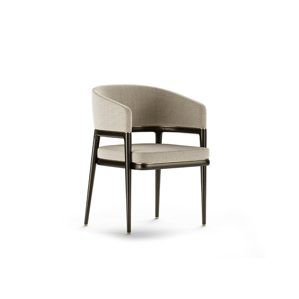 Modern Mark Krem Rengi Keten Kumaşlı Ahşap Koyu Ceviz Cilalı Sandalye, oyuş yüksekliği 45 cm.