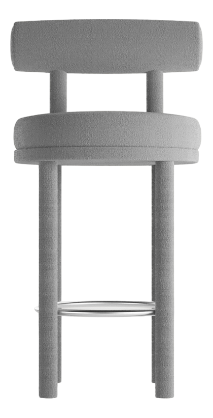 Moca gri teddy bukle bar sandalyesi, metal detaylı, 102 cm yükseklik, modern tasarım.
