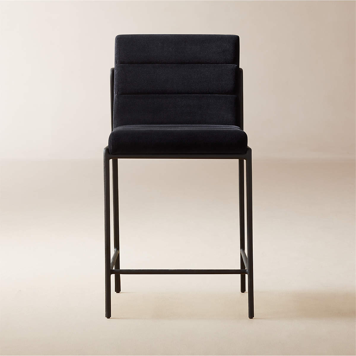 Nephi black velvet bar stool with seam details and black metal legs, dimensions: 60x50x93 cm.