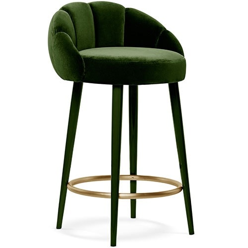 Olympia green suede bar stool with wooden green lacquer legs and metal details, height 102 cm, stylish and durable.