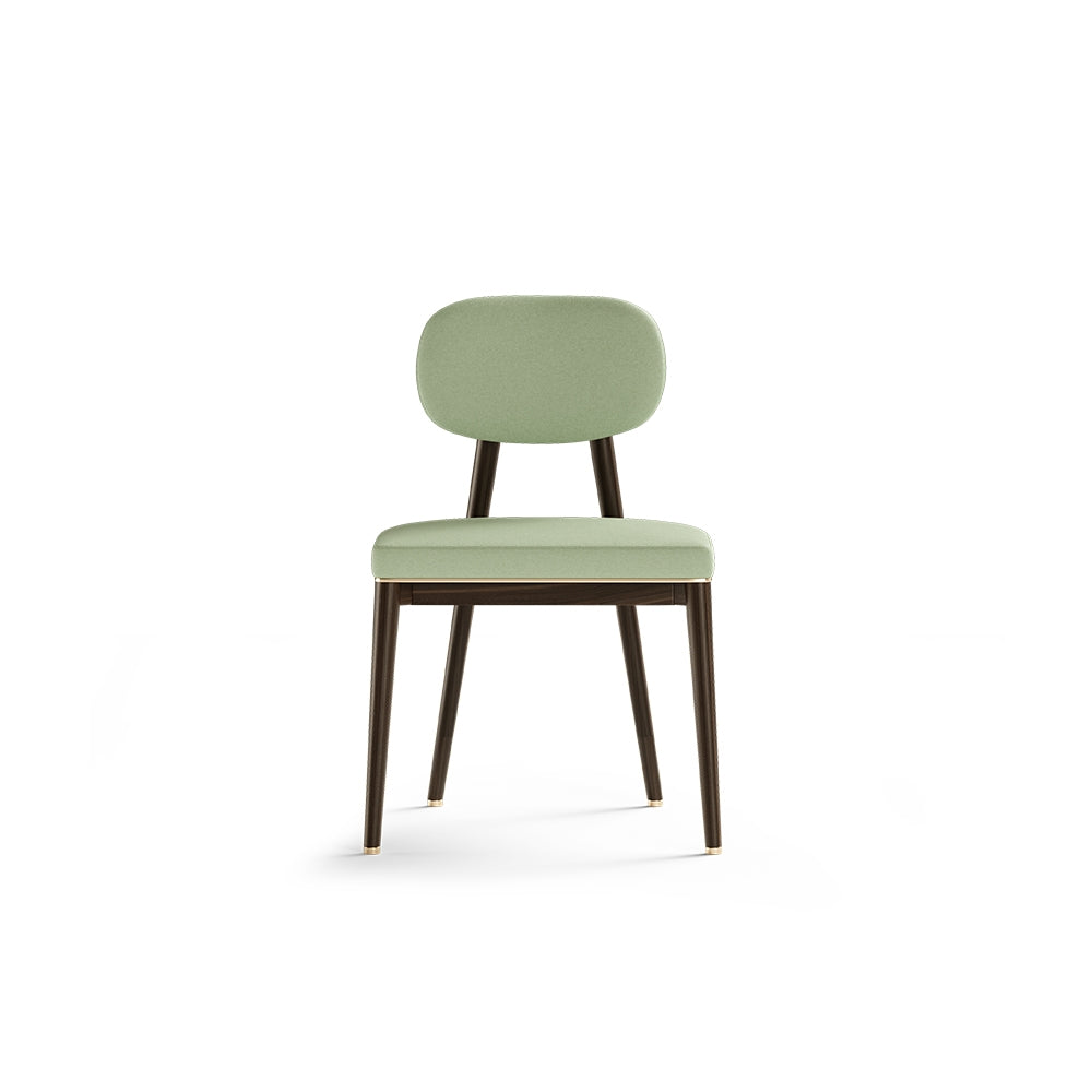 Oscar green velvet upholstered wooden chair with dark walnut finish and brass details, 53cm wide, 57cm deep, 82cm high.