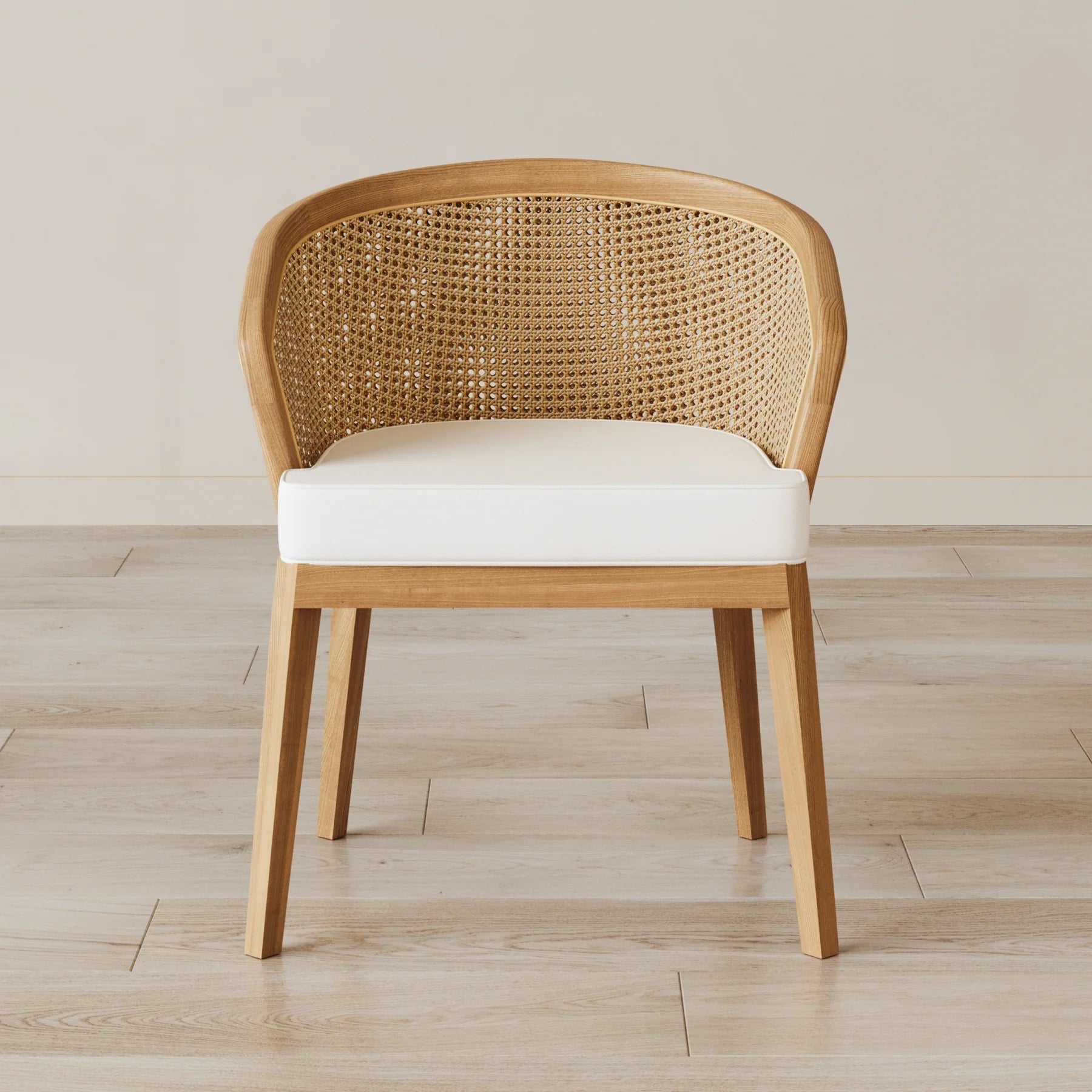 Paxton white suede fabric wooden chair with natural finish and rattan backrest, dimensions 61x62x73 cm.