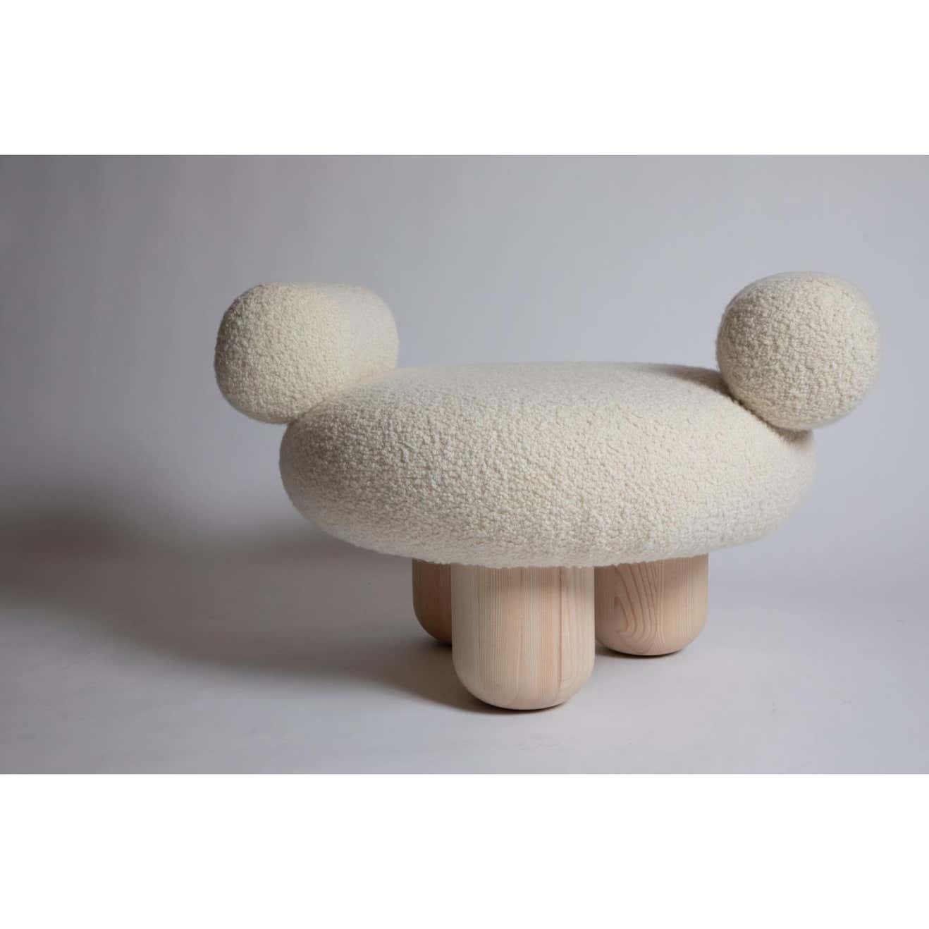 Kollu Teddy Bukle Kumaşlı Ahşap Huş Ayaklı Puf