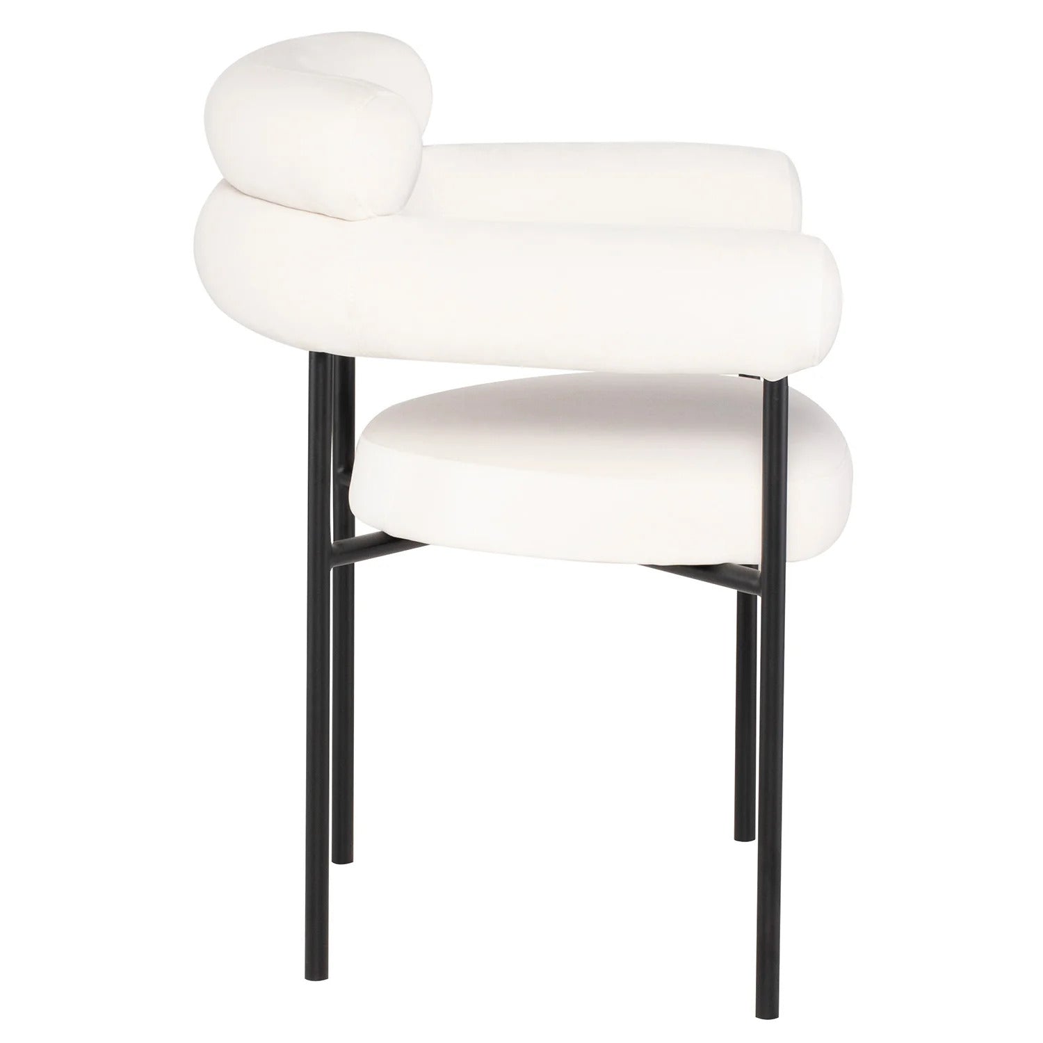 Portia white suede upholstered chair with round arms and black metal legs, perfect for home or office use.
