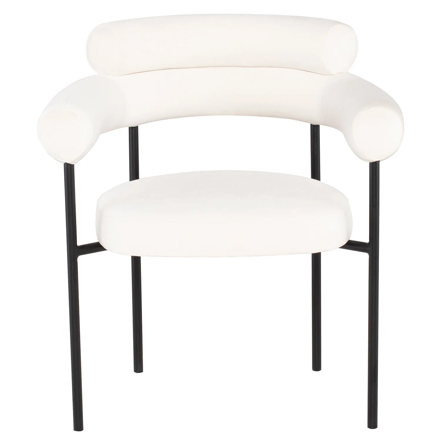 Portia white suede chair with curved backrest and metal legs for modern home or office decor.