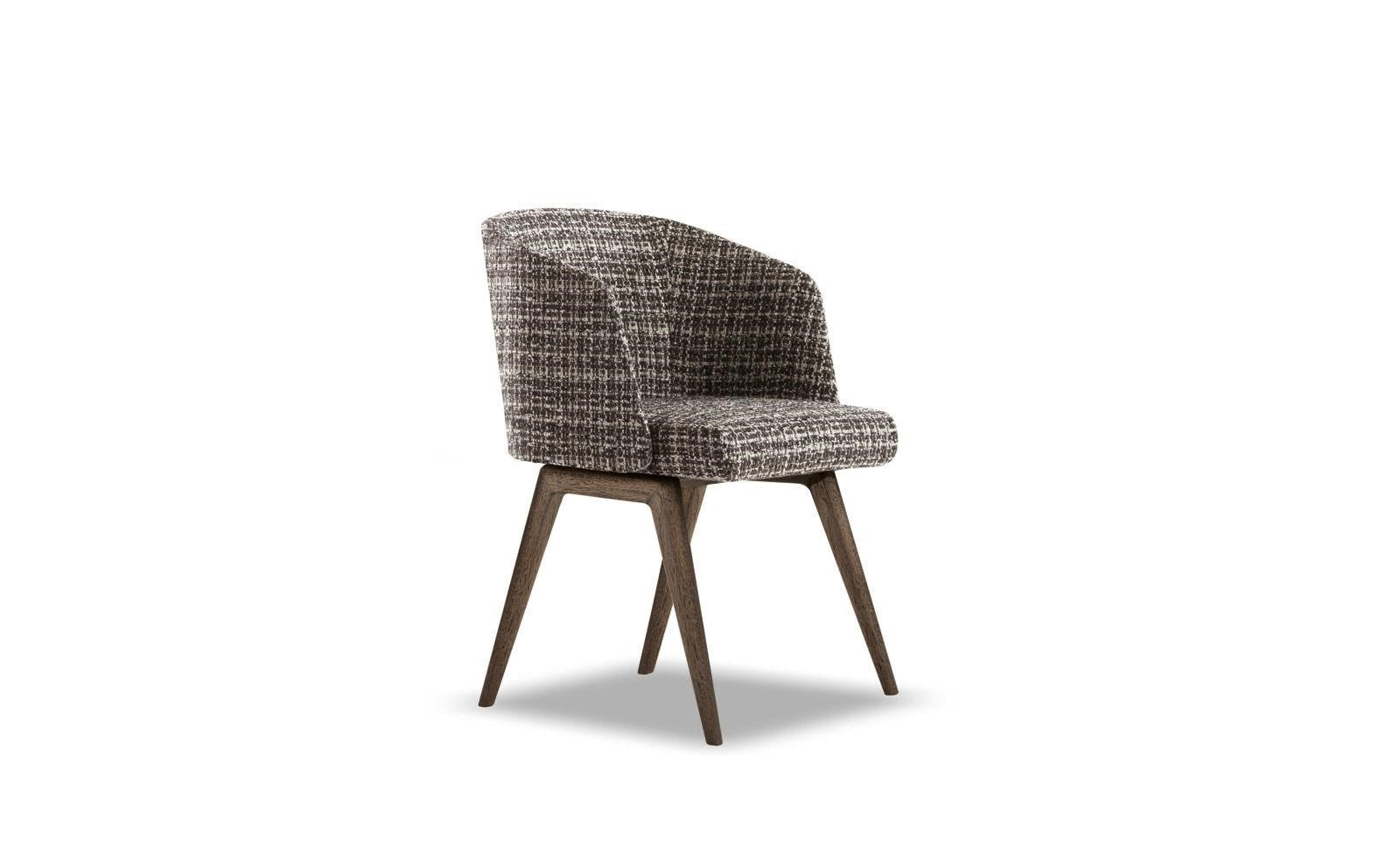 Reeves brown textured linen upholstered wooden walnut finish armchair with a modern design.