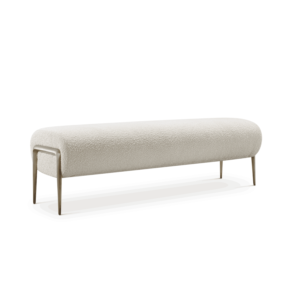 Salome Beyaz Teddy Bukle Kumaşlı Ayışığı Rengi Metal Ayaklı Oval Bench, 50x160x45 cm, 25000 martinde aşınma direnci.