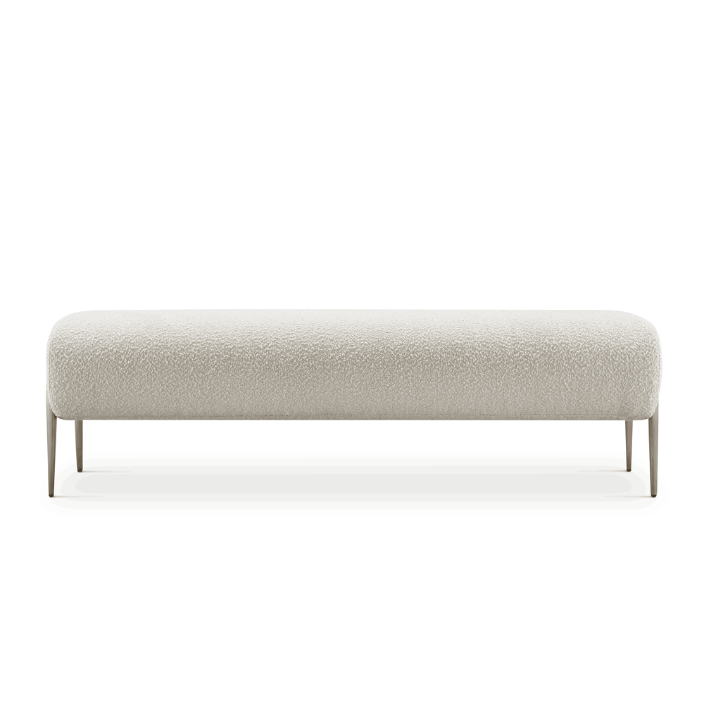 Salome Beyaz Teddy Bukle Kumaşlı Ayışığı Renk Oval Bench, metal ayaklı, 50 cm genişlik, 160 cm uzunluk, 45 cm yükseklik.
