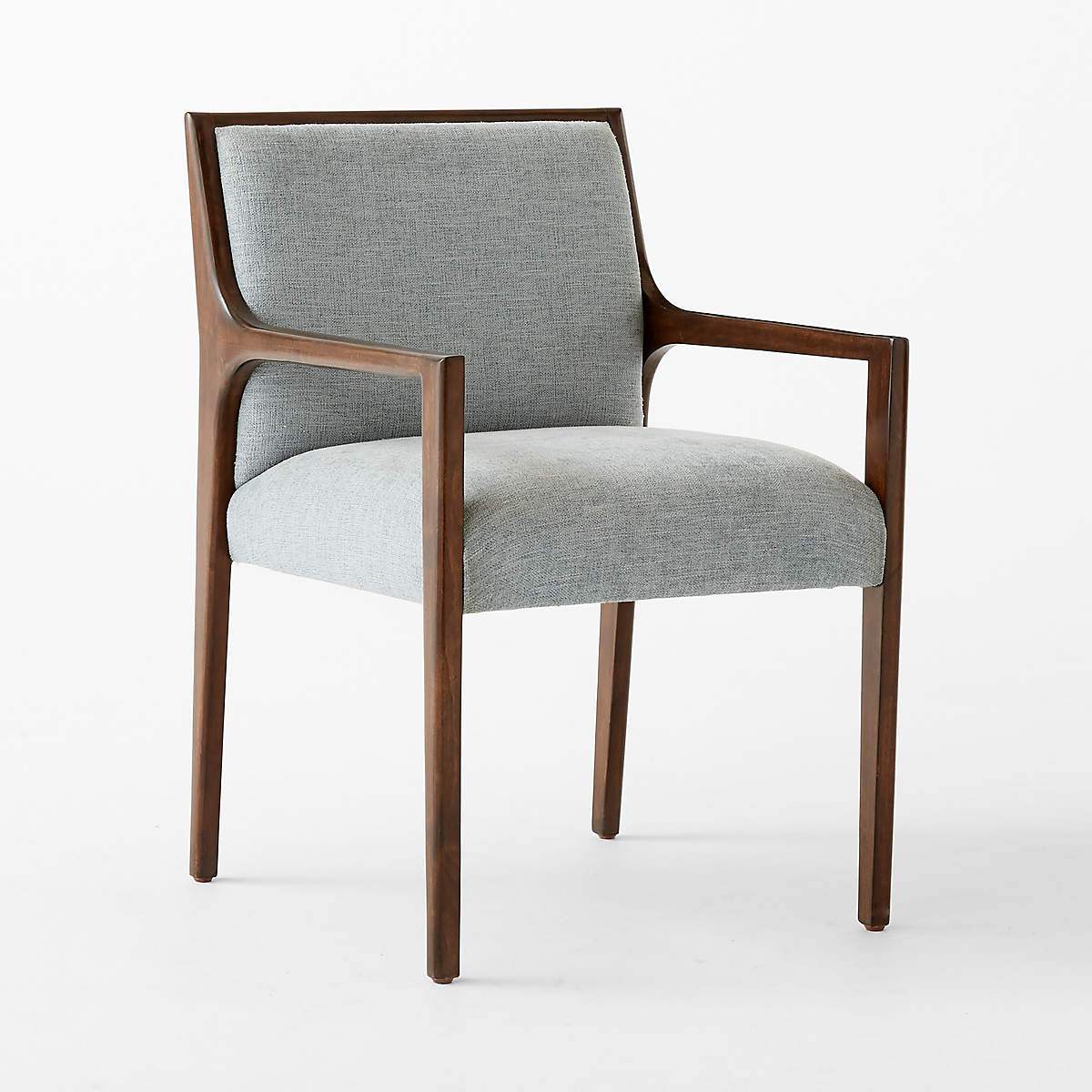 Ceviz rengi ahşap kollu gri keten kumaşlı şık sandalye, ev ve ofis kullanımı için ideal