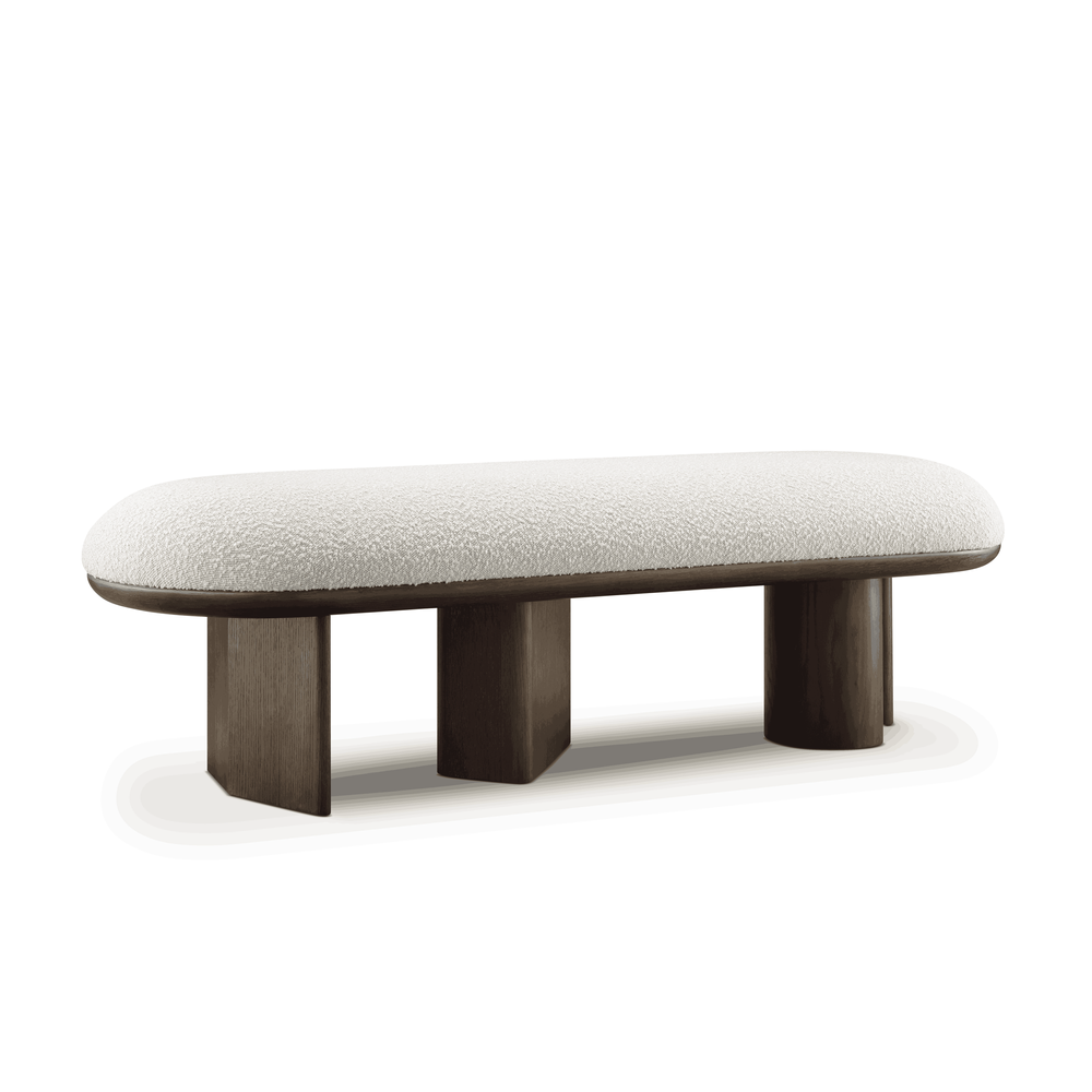 Sloan Beyaz Teddy Bukle Kumaşlı Ceviz Rengi Ahşap Ayaklı Bench, modern tasarım, dayanıklı kumaş.