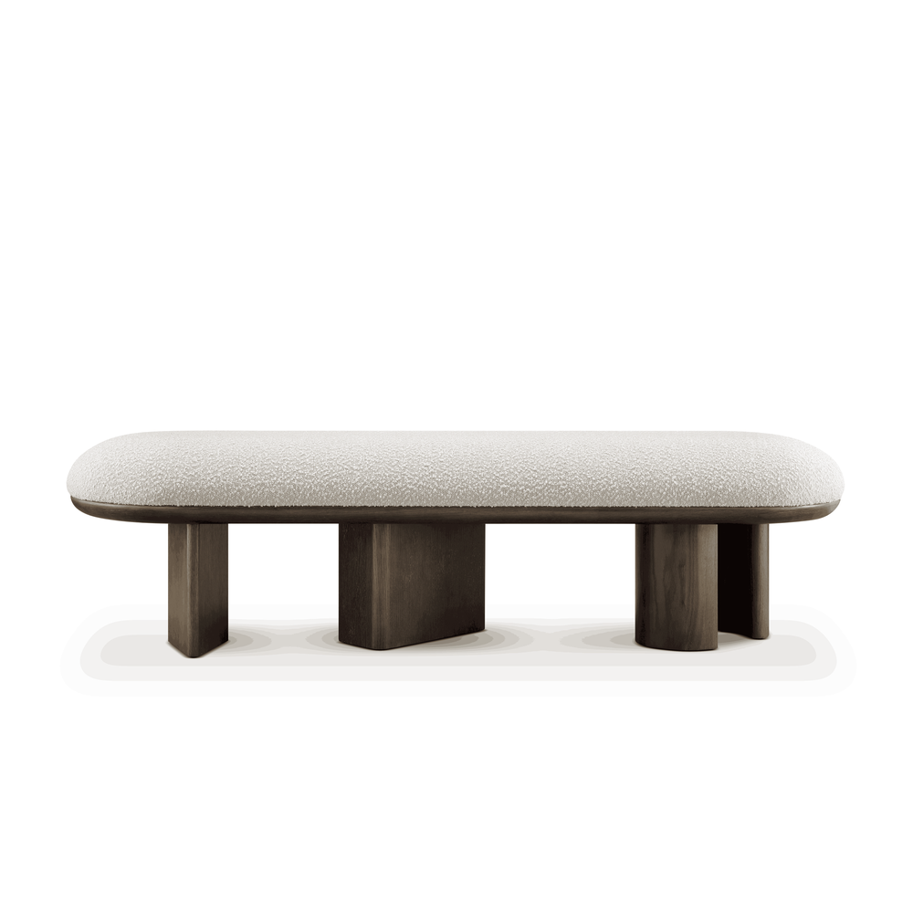 Sloan beyaz teddy bukle kumaşlı ceviz rengi ayaklı bench, modern tasarım, 50x170 cm boyutları, dayanıklı.
