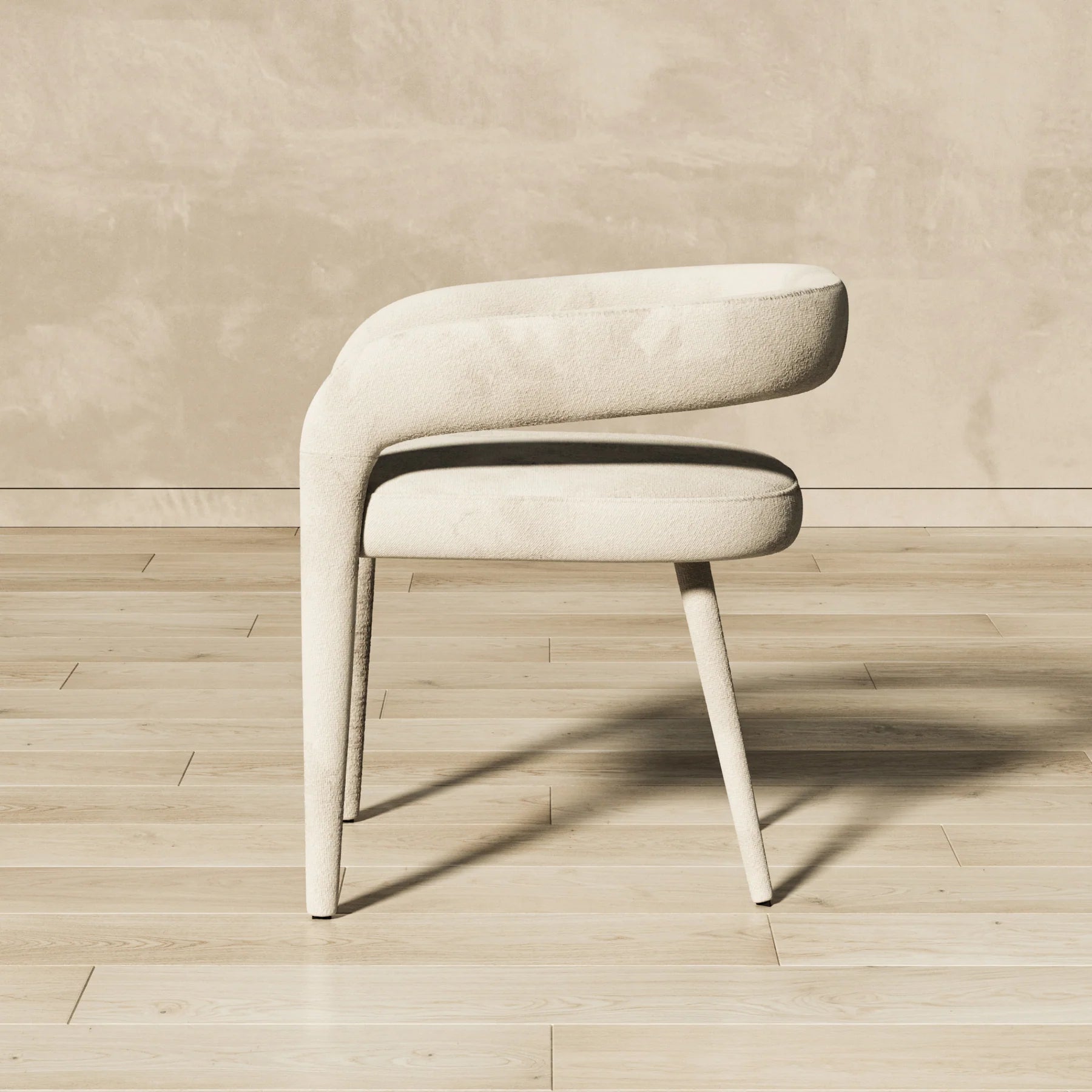 Stature krem rengi şönil full kumaşlı sandalye, modern tasarım, 68 cm yükseklik, 63 cm genişlik.