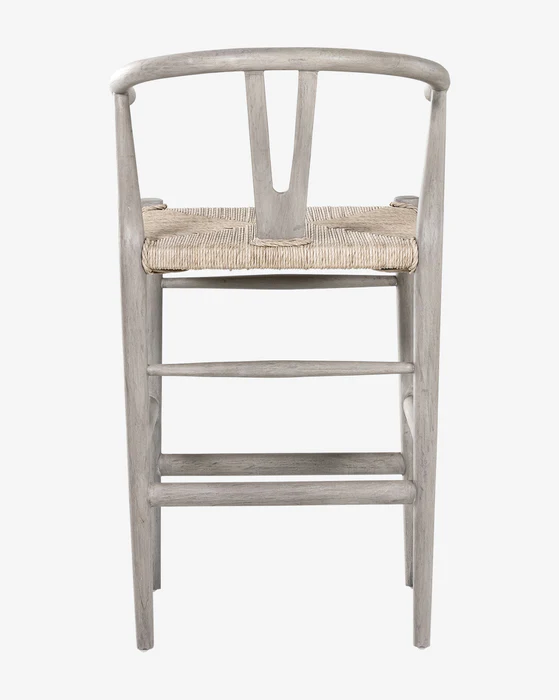 Wishbone natural wooden bar stool with a woven seat, back view, height 106 cm, stylish and modern design.