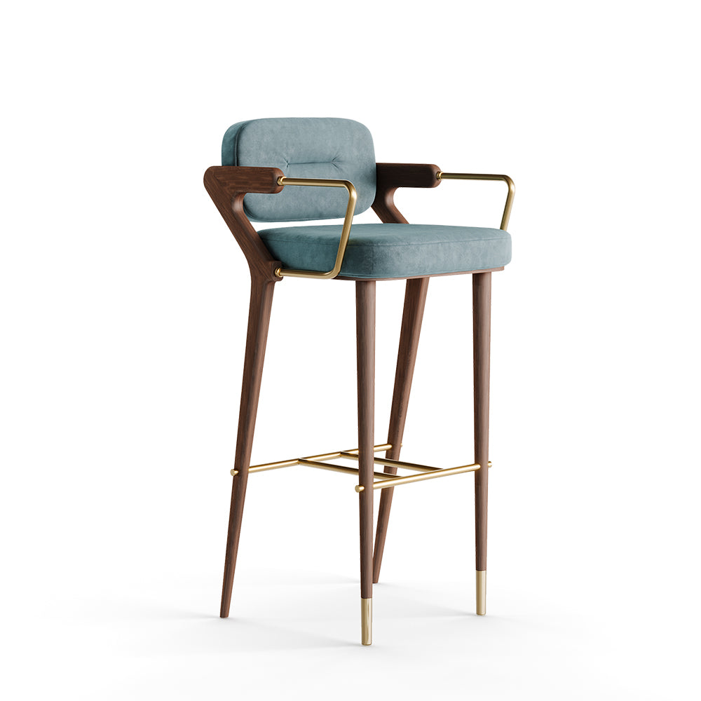 Zimbo açık mavi süet bar sandalyesi, dikiş detaylı, ceviz ayak, pirinç detaylar, modern tasarım.