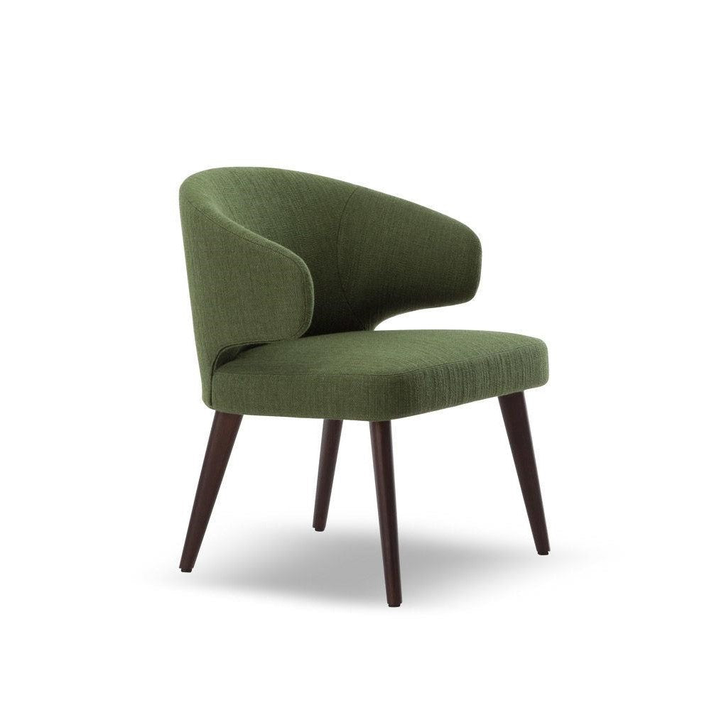 Aston haki yeşili keten kumaş döşemeli, ahşap ayaklı modern koltuk. Şık ve konforlu tasarım, oturum yüksekliği 45 cm.