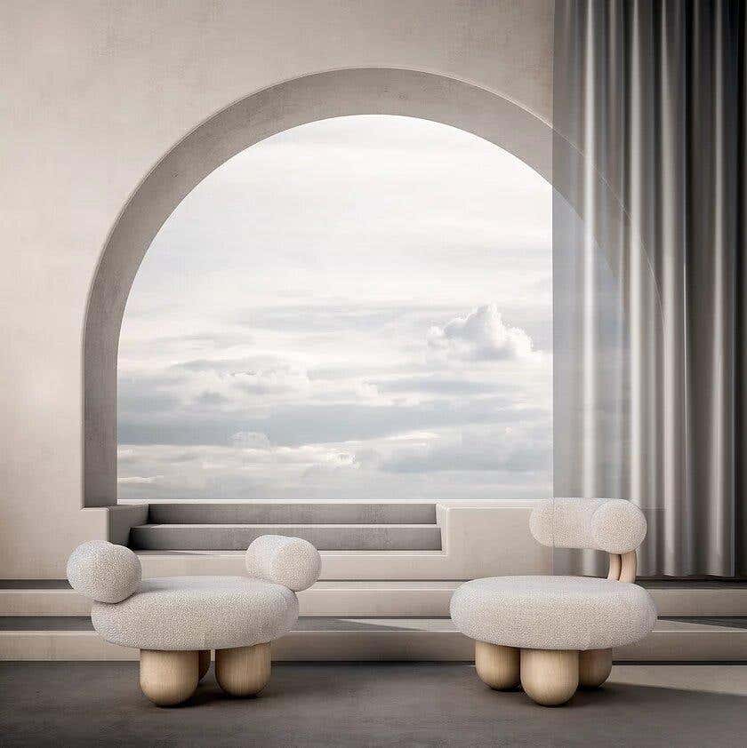 Kollu Teddy Bukle Kumaşlı Ahşap Huş Ayaklı Puf