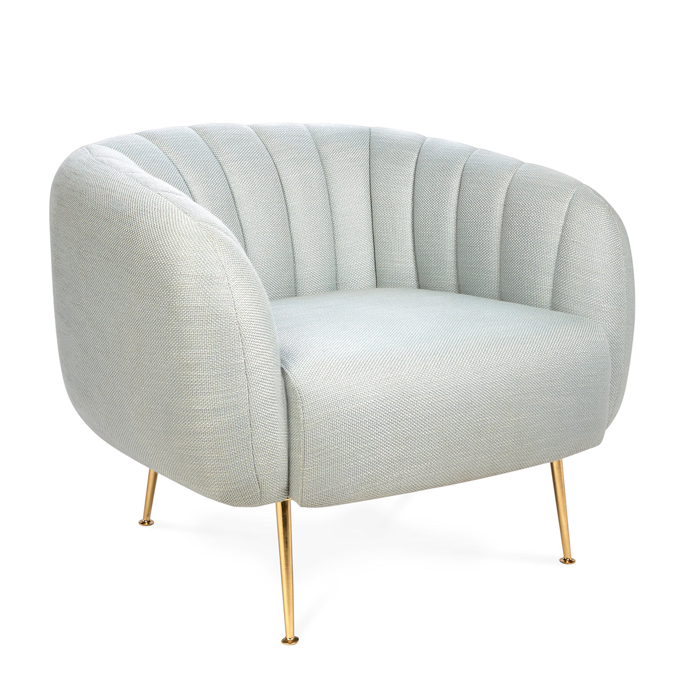 Captain Açık Gri Keten Berjer, yuvarlak form, pirinç rengi metal ayak, modern oturma alanı için.