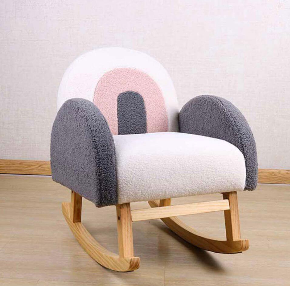 Gri Pembe Teddy Kumaşlı Gökkuşağı Desenli Kız Erkek Çocuk Odası Sallanan Koltuk