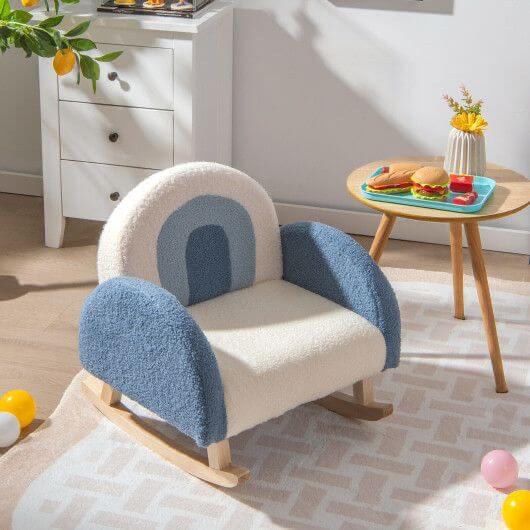 Açık Koyu Mavi Teddy Kumaşlı Gökkuşağı Desenli Kız Erkek Çocuk Odası Sallanan Koltuk
