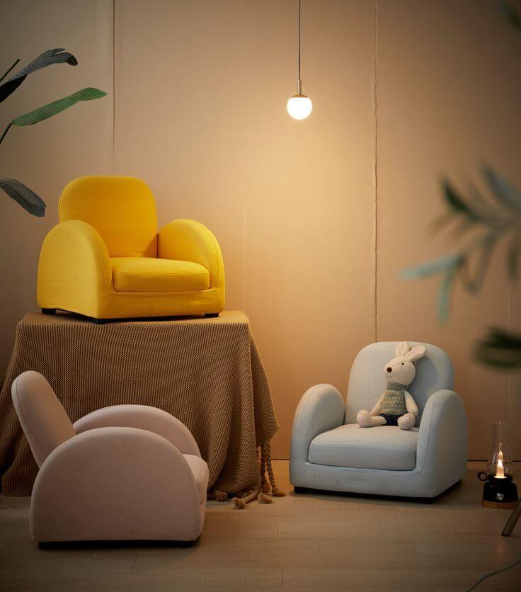 Sarı Keten Kumaşlı Erkek Kız Çocuk Odası Puflu Berjer