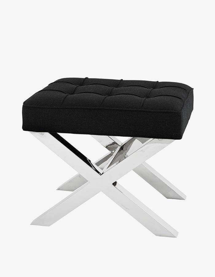 Siyah Keten Kumaşlı Kare Kapitoneli Parlak Krom Metal Ayaklı Puf - Pufcu