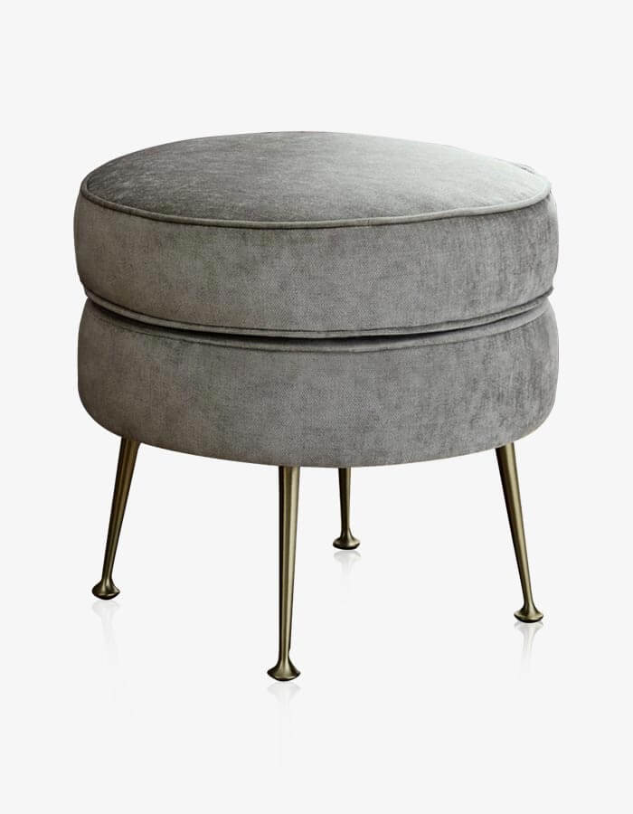 40 cm Çap Gri Dokuma Kumaşlı Pirinç Rengi Ayaklı Yuvarlak Puf