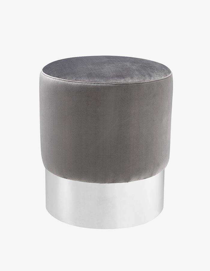 Gri Kadife Krom Metal Ayaklı Yuvarlak Puf - Pufcu