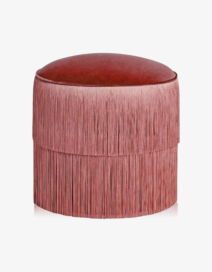 40x40 Pudra Rengi Kadife Püsküllü Detaylı Yuvarlak Puf