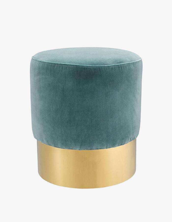 Su Yeşili Kadife Pirinç Rengi Metal Ayaklı Yuvarlak Puf - Pufcu
