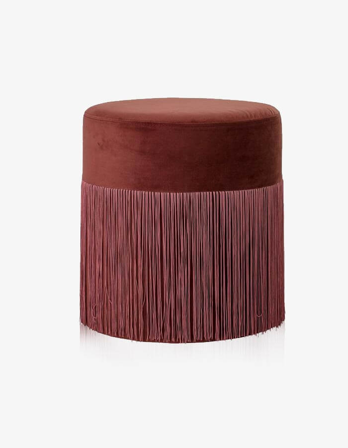 40x40 Kiremit Rengi  Kadife Kumaşlı Püsküllü Detaylı Yuvarlak Puf