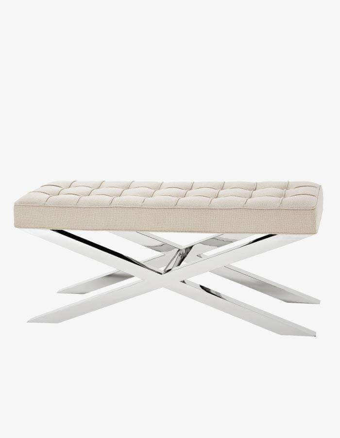 Krem Rengi Keten Kumaşlı Kare Çekme Kapitoneli Bank Bench Puf - Pufcu