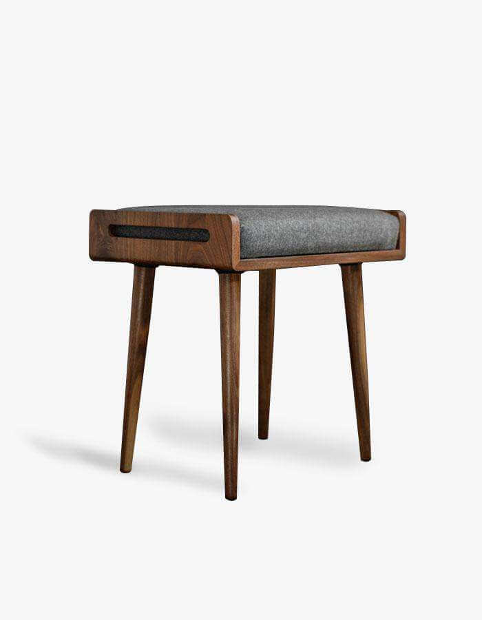 Masif Ahşap Gri Keten Kumaşlı Tabure Puf - Pufcu