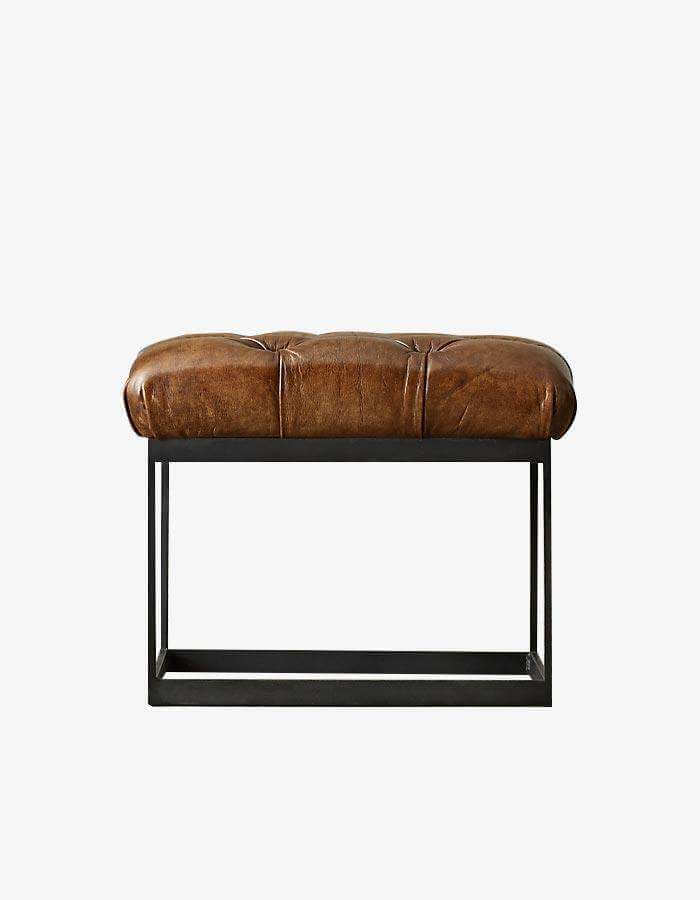 Kahverengi Suni Deri Siyah Metal Ayaklı Tabure Puf - Pufcu