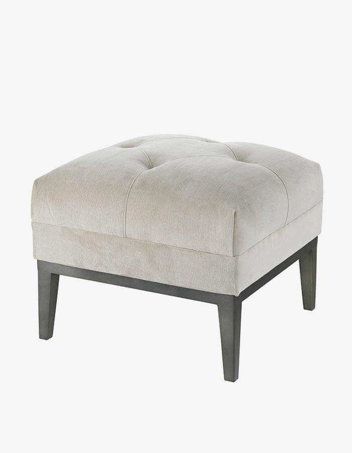 Krem Rengi Kadife Kapitoneli Kare Ahşap Ayaklı Puf - Pufcu