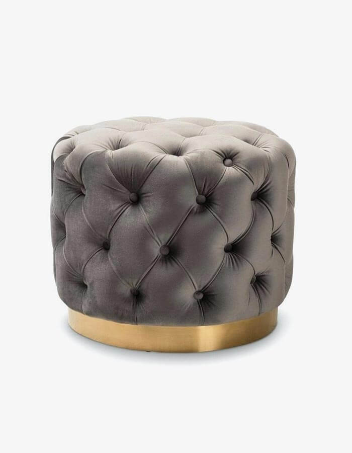 50x50 Vizon Rengi Kadife Kapitoneli Pirinç Rengi Ayaklı Yuvarlak Puf