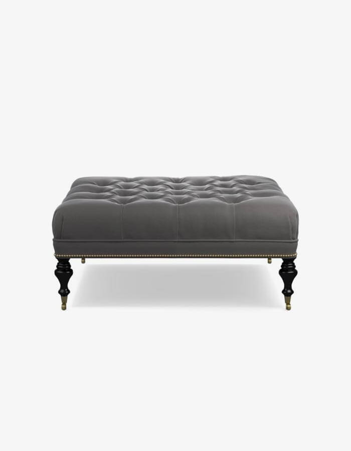 50x90 Gri Keten Kumaşlı Kapitoneli Siyah Torna Ahşap Ayaklı Dikdörtgen Bench Puf