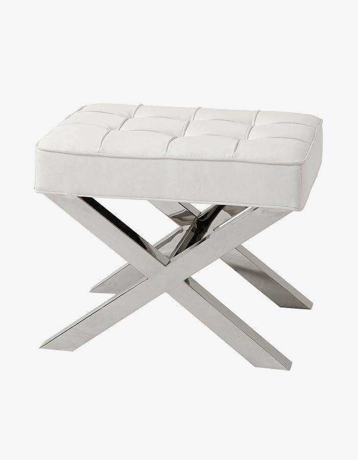 Beyaz Suni Deri Kare Kapitoneli Parlak Krom Metal Ayaklı Puf - Pufcu