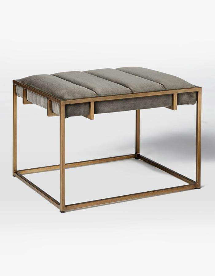 Gri Kadife Pirinç Eskitme Rengi Metal Ayaklı Tabure Puf - Pufcu