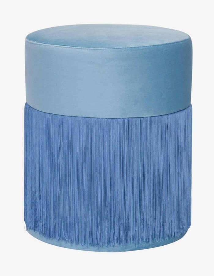 Açık Mavi Kadife Kumaşlı Püsküllü Yuvarlak Puf