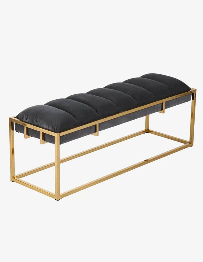 Antrasit Rengi Kadife Kumaşlı Parlak Pirinç Kaplama Metal Ayaklı Bench Bank