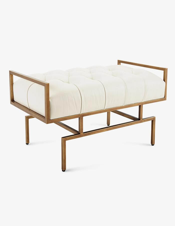 Beyaz Suni Deri Pirinç Eskitme Rengi Cilalı Demir Metal Ayaklı Puf