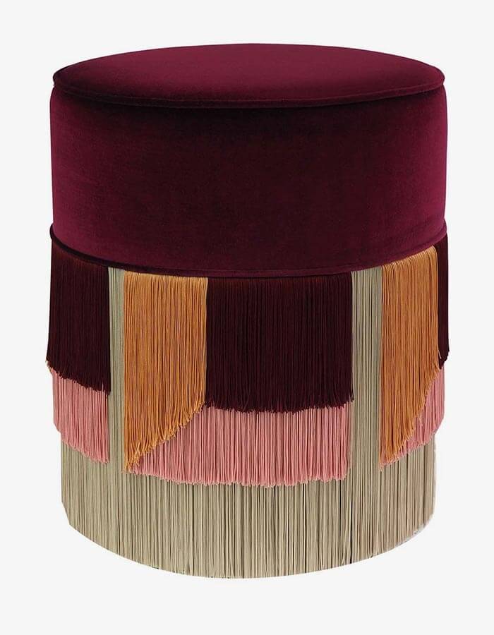 Bordo Kadife Kumaşlı Çok Renkli Hareketli Püsküllü Yuvarlak Puf