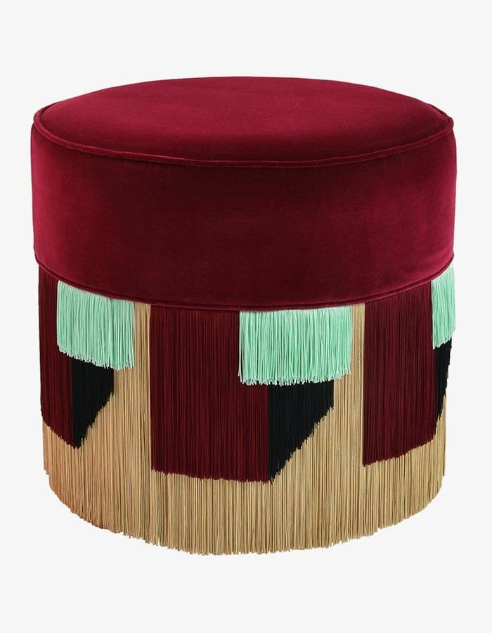 Bordo Kadife Kumaşlı Çok Renkli Hareketli Püsküllü Yuvarlak Puf