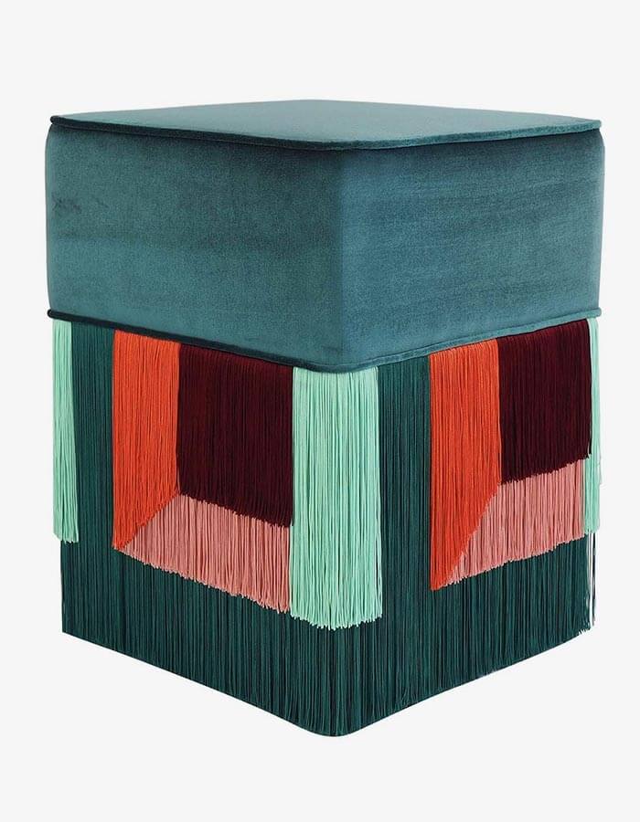 Çam Yeşili Kadife Kumaşlı Çok Renkli Hareketli Püsküllü Kare Puf